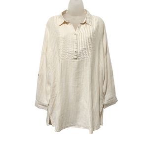 Cynthia Rowley Womens L Pintucked Yellow Striped Roll Tab Sleeves Tunic Top